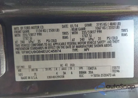 2014 Ford Escape Se z USA, uszkodzony, nr VIN 1FMCU9G94EUC45874